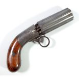 A percussion cap six shot pepperbox revolver with under hammer action,