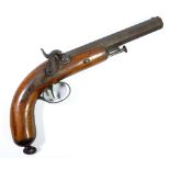 An unusual percussion cap pistol with engraved lock, octagonal barrel,