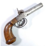 A small percussion cap double barrel pistol with plain steel lock and walnut stock, length 20.5cm.