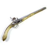 An Albanian rat tail miquelet pistol, with cut, inlaid and embossed metalwork,