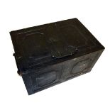 A rectangular twin handled iron safe box with hinged lid (no key), width 61cm.