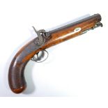 A percussion cap holster pistol with octagonal barrel, integral hinged ramrod, clip,