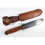 A military issued Bowie knife, with wooden grip and shaped blade, set with broad arrows and no.
