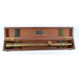 A mahogany cased brass telescopic scope with adjustable lower screw, length 40cm,