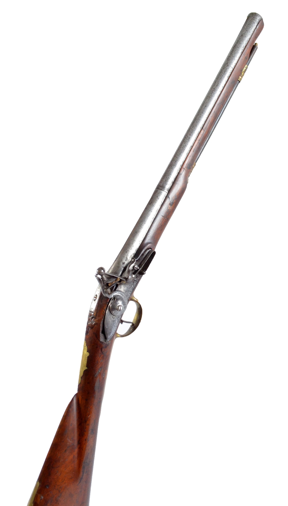 A cut down brass Brown Bess style flintlock musket with later lock plate, length 85cm.