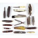 A group of pocket knives and multi blades including one with a single blade inscribed 'The Burbank',