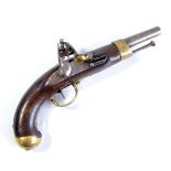 A French naval flintlock pistol, with brass band to the barrel, indistinctly inscribed steel lock,