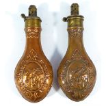 JW HAWKSLEY, SHEFFIELD; two embossed copper and brass mounted powder flasks,