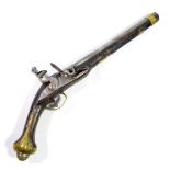 A flintlock pistol with engraved decoration to the barrel, brass furniture and embossed pommel,