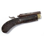 A small percussion cap single barrel pistol with folding trigger and fold-out knife,