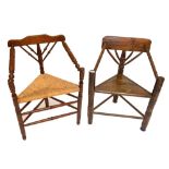 Two unusual 'turners' corner chairs, one with plank seat,