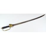 A late 18th/early 19th century hunting sword, with ebonised wooden grip crudely inscribed 'MM',