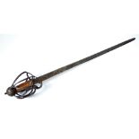 A 17th century English basket hilt sword, with lobed pommel, bound grip,