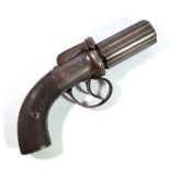 A percussion cap six shot pepperbox revolver, with foliate engraved detail to the lock,