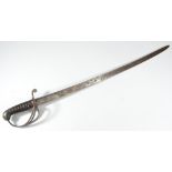 An early 19th century sabre, with ebonised wooden ribbed grip, three bar guard,