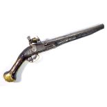 A flintlock pistol with steel engraved barrel, indistinctly inscribed lock,