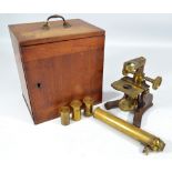 A cased unnamed travelling brass and lacquered microscope (af).
