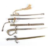 Three novelty letter/paper knives, all modelled as swords, two with scabbards (3).