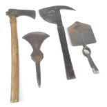 A small group of equipment comprising a military issue axe stamped with broad arrow mark and