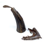 A 19th century horn powder flask with leather plug, length approx 10cm,