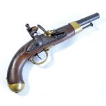 A French flintlock pistol, with indistinct inscription to the lock and with brass furniture,
