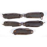 Five military issue clasp knives, one stamped 'RE 134745' each with ring loop attachment.