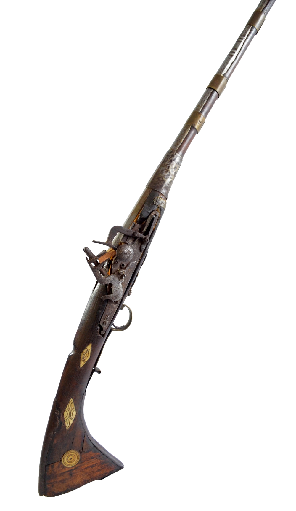 A Middle Eastern flintlock musket with bone inlaid stock (af), length 130cm.