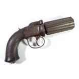 A percussion cap six shot pepperbox revolver, the lock stamped 'Rock & Blakemores',