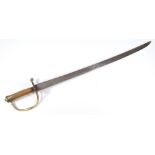 A late 18th century hunting sword, with antler handle, brass guard and slightly curved blade,