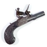 A small flintlock muff pistol with screw off barrel engraved decoration to the lock and incised