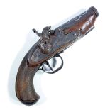 A small percussion cap pistol with cannon barrel decorated with white metal scrolling detail,