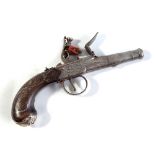 A small flintlock pocket pistol with screw-off cannon barrel, the lock inscribed 'F Burnby',