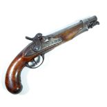 A percussion cap pistol with steel furniture, integral ramrod and walnut stock,