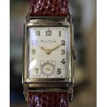 Bulova; a 1945 'President' tank-style watch, gold filled case,