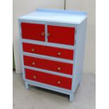 A pale blue and red painted tallboy, width 77cm.
