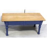 A coffee table with rectangular ash top on painted two-drawer base, 114 x 52cm.