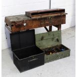 A vintage tool bench with an attached Parkinson clamp and a vintage toolbox containing a quantity