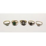 Five 9ct gold ladies' dress rings;