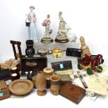A quantity of treen and other collectibles to include tins, ceramic figures, linen and lace,