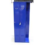 A blue-painted locker unit, with two locking doors and hangers to side, height 178cm, width 66.5cm.