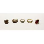 Five 9ct gold ladies' dress rings; one set with smoky quartz coloured stone, size K, one 'Mum' ring,
