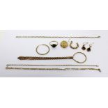 A 9ct gold ladies' dress ring, size N, an oval locket, a pair of rope hoop earrings,