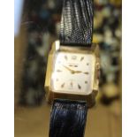 Benrus; a c1950s tank-style watch, Art Deco style square gold filled case,