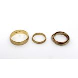 Two 9ct gold ladies' wedding bands, size J and O, a gentlemen's wedding band,