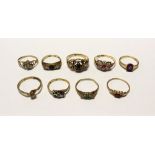 Nine 9ct gold ladies' dress rings to include a floral-set example with red and white stones,