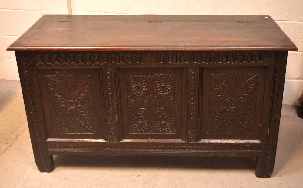 A late 17th early 18th century oak three-panel settle on block supports, for restoration. - Image 2 of 2