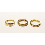 Two 22ct gold wedding bands; one bark design, size L and a plain band,