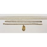 A 9ct gold box link necklace, two 9ct gold twist link necklaces,