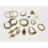 Various 9ct gold hoop earrings (some non-matching), a small dolphin pendant etc, combined approx 13.