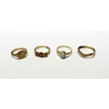 Four 9ct gold dress rings; a wishbone-style ring, size P, one set with single oval opal,